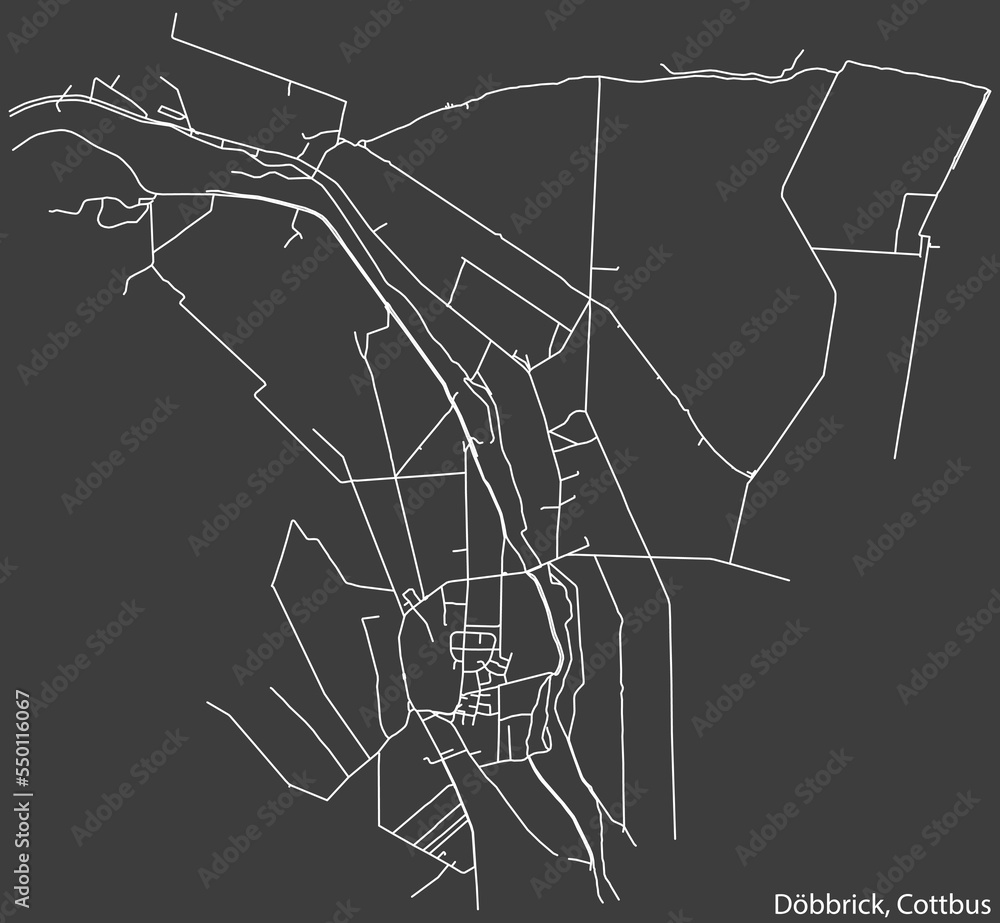 Detailed negative navigation white lines urban street roads map of the DÖBBRICK DISTRICT of the German town of COTTBUS, Germany on dark gray background