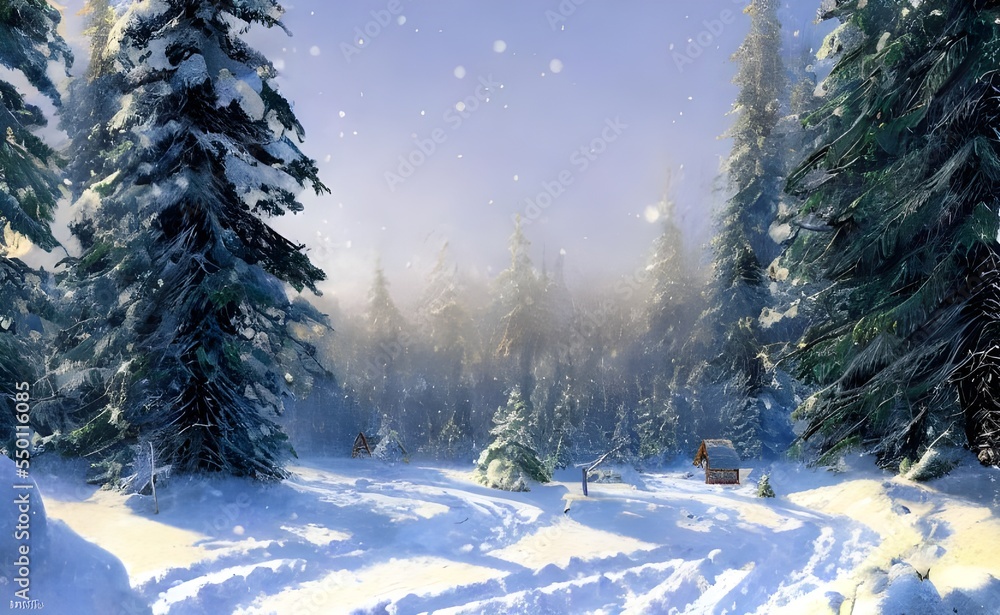 Fototapeta premium The soft, fluffy snowflakes gently fall through the air, creating a scene of serenity. The tall evergreen trees are lightly dusted with powder, looking like they belong in a winter wonderland fairytal