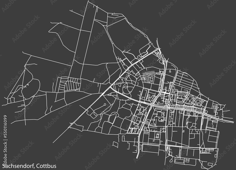 Detailed negative navigation white lines urban street roads map of the SACHSENDORF DISTRICT of the German town of COTTBUS, Germany on dark gray background