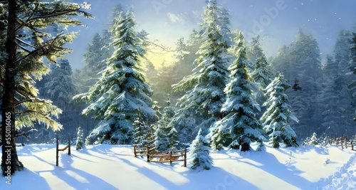 It s a winter forest landscape. The trees are covered in snow and there is a small river running through the center of the image. In the distance  you can see mountains rising up into the sky. It s a 