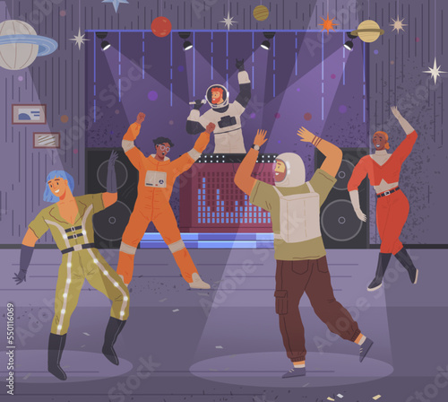 Space party with people dancing in costumes. Cute astronauts in cosmic style birthday party. Birthday celebration invitation concept. Dancing spacemen and women on theme disco at night club