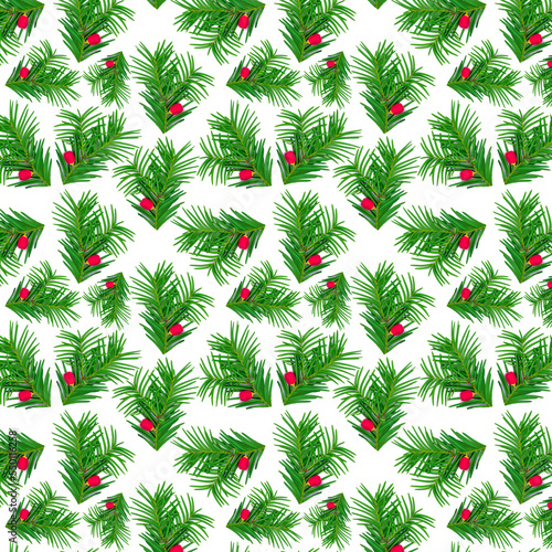 Pattern of green yew branches with red berries on a white background.