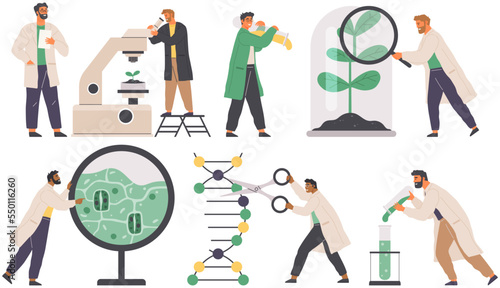 Scientist makes laboratory analysis with equipment. Idea of chemistry, science. Laboratory assistant conducts scientific experiment, chemical research works with flask, plants and DNA molecules
