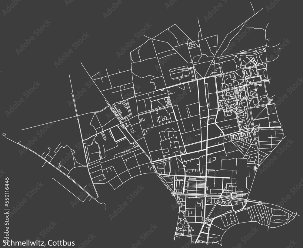 Detailed negative navigation white lines urban street roads map of the SCHMELLWITZ DISTRICT of the German town of COTTBUS, Germany on dark gray background
