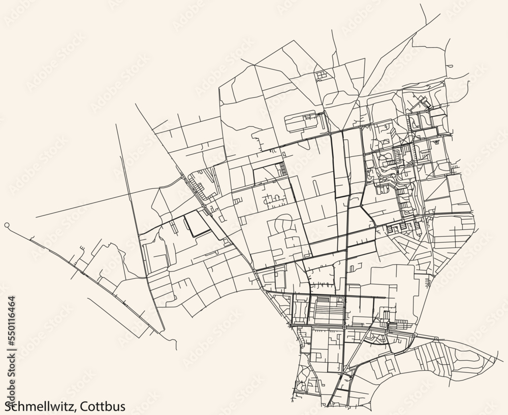 Detailed navigation black lines urban street roads map of the SCHMELLWITZ DISTRICT of the German town of COTTBUS, Germany on vintage beige background