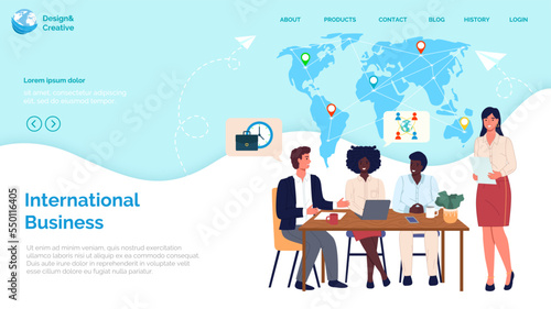 Template of website for international business. Market globalization, company expansion concept. Successful cooperation of business partners. Export and import agreement, worldwide partnership