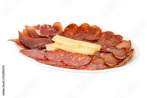 Sausage and cheese on isolated plate