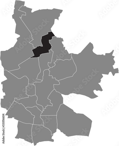 Black flat blank highlighted location map of the SKADOW DISTRICT inside gray administrative map of COTTBUS, Germany