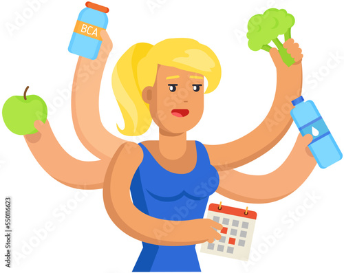 Overweight person uses equipment to lose weight. Calorie counter, proper nutrition, natural food. Multitask woman with different weight losing symbols. Girl with many hands coping with multitasking