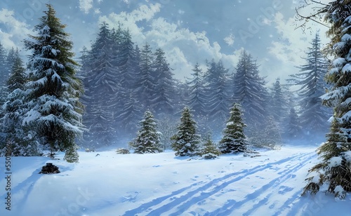 A tranquil and beautiful scene meets my eyes. The tall trees stand strong, despite the soft blanket of snow that coats them. Even though it's cold, the sunlight somehow manages to peek through the bra © dreamyart