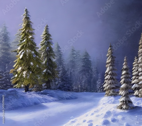 The trees in the forest are covered in a blanket of snow, and the air is chilly. The sun is shining, and the sky is a beautiful blue. © dreamyart