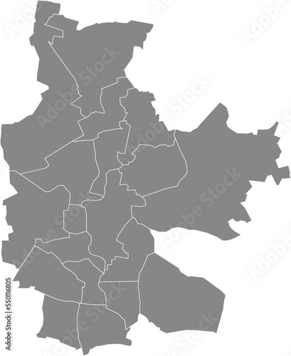 Gray flat blank vector administrative map of COTTBUS, GERMANY with black border lines of its districts