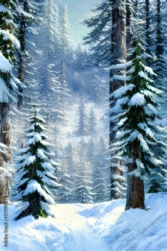 A dense forest lies under a blanket of freshly fallen snow. The tree trunks are heavy with frost, and icicles hangs like daggers from the lower branches. A thick fog hovers above the ground, making it