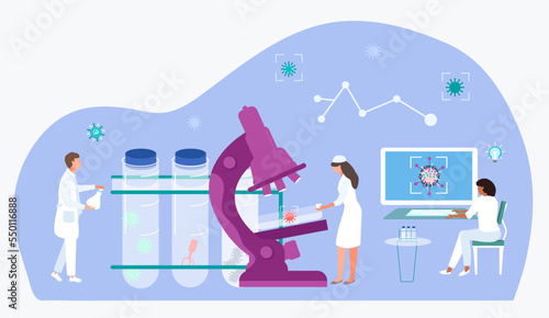 Biology research associate doctor, tiny character scientific worker observe microscope flat vector illustration, isolated on white.