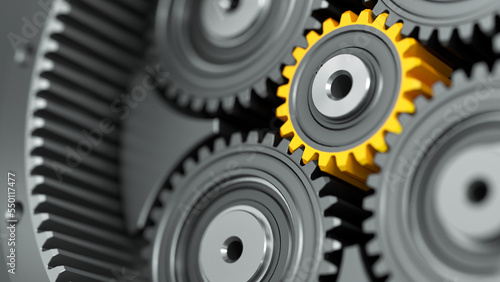 Dark reducer with a bright yellow gear. Mechanical background with planetary gear. 3d illustration