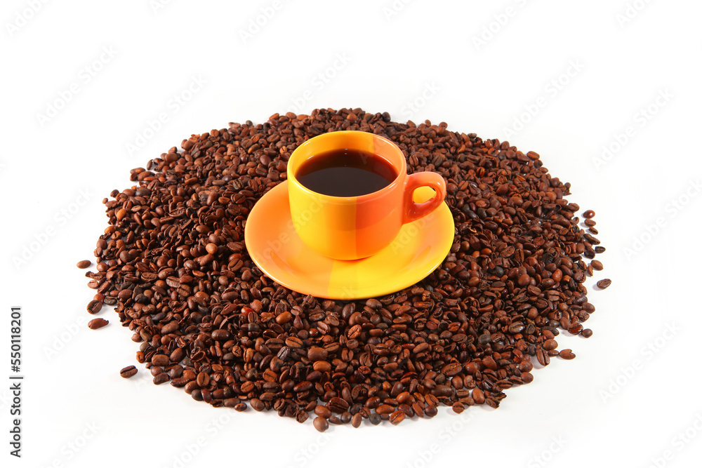 offee cup and coffee grain isolated on white background. offee cup and coffee grain isolated on white background.