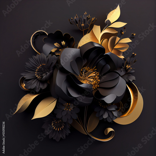 Illustration of a black and Gold Floral Arrangement on Dark Background