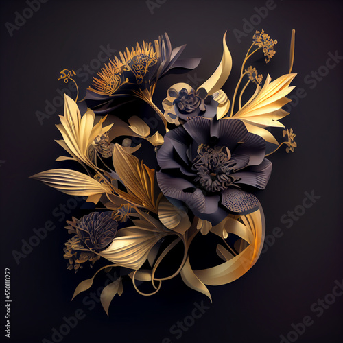 Illustration of a black and Gold Floral Arrangement on Dark Background