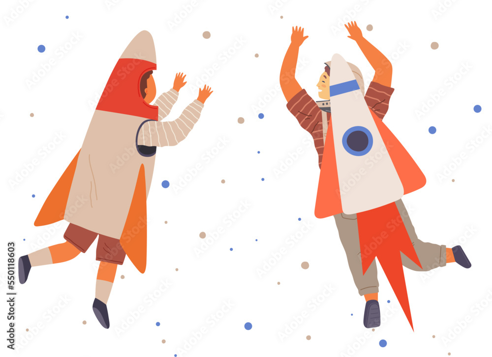 Happy people in cardboard or plastic rocket suits. Children in self made costumes dancing in space. Outfit for holiday in cosmic style. Dance of characters wearing spacesuits at costume party