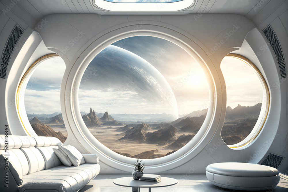 Concept art illustration of sci-fi futuristic interior of space station - obrazy, fototapety, plakaty 
