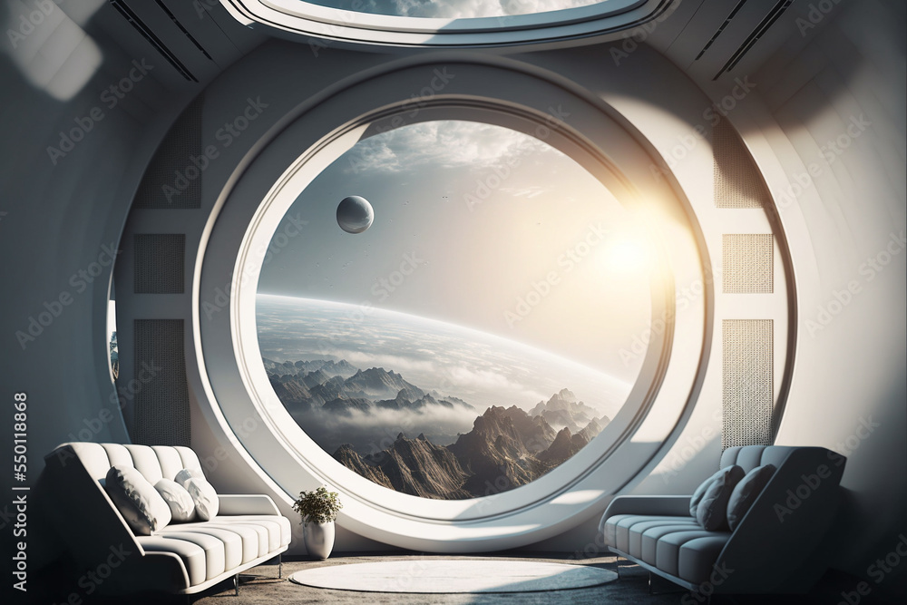 Concept art illustration of sci-fi futuristic interior of space station Concept art illustration of sci-fi futuristic interior of space station