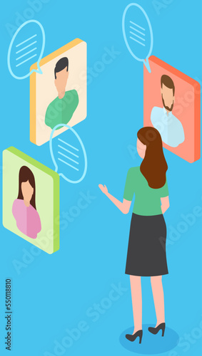 Remote comunication, virtual meeting. Distance chatting, internet video call. Program for virtual intercommunication, teamwork. Woman talking with friend during video meeting, business conference