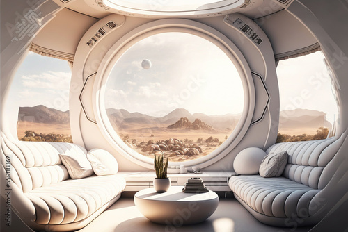 Fototapete Concept art illustration of sci-fi futuristic interior of space station