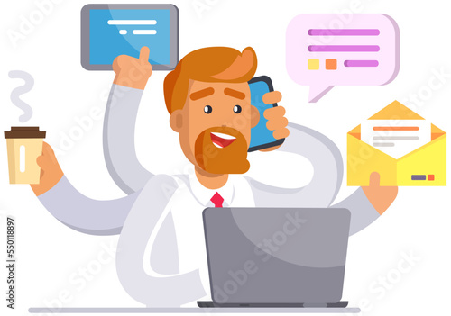 Businessman doing many tasks at same time. Man trying to deal with deadlines. Overworking, overload at work concept. Person with many hands coping with multitasking, time management, planning