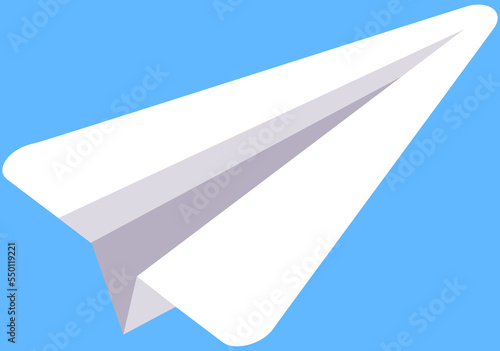 Paper plane vector icon isolated on blue background. Symbol of purposefulness, daydreaming, faith in beautiful future. Launch of airplane made of paper. Origami, aircraft creation, mailing concept