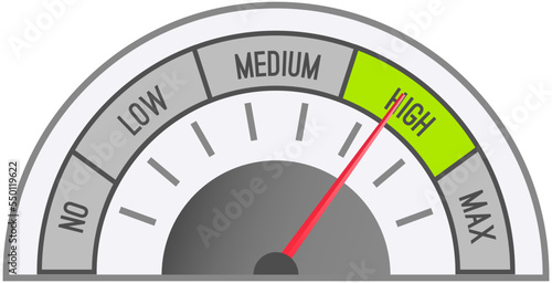 Color scale with arrow from no to max and change in indicators. Measuring device icon tachometer, speedometer, quality detector. Colorful infographic gauge element from poor to good, speed changes