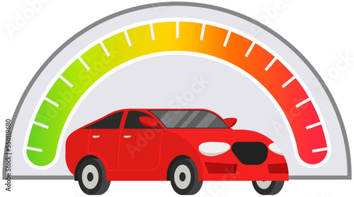 Speedometer and sport car, speed control. Tachometer with color sectors isolated on white. Speedo with scales and pointers for measurement of speed and kilometers measuring instrument in automobile