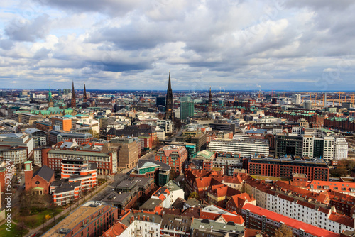 Aerial view of Hamburg city center, Germany. View from bell tower of St. Michael's Church