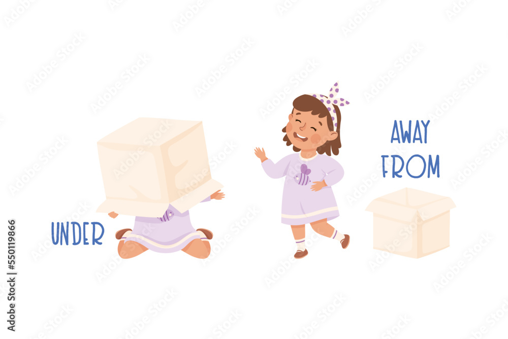 Little Girl with Cardboard Box as Preposition Demonstration Vector Set Little Girl with Cardboard Box as Preposition Demonstration Vector Set