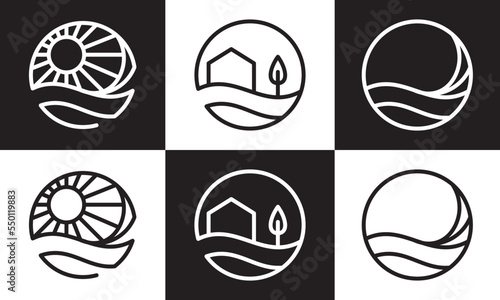 farm wave logo set black white icon vector design.
