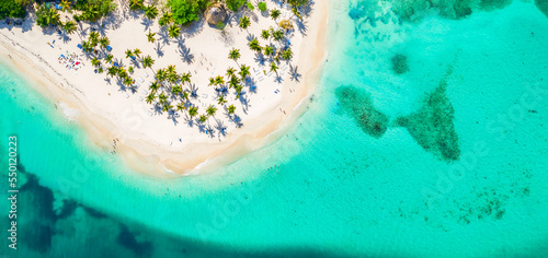 Vacation background. Travel concept. Aerial drone view of beautiful caribbean tropical island with palms and turquoise water. Banner wide format