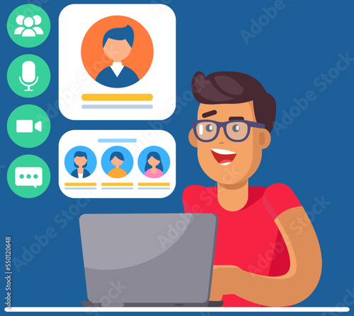 Remote comunication, virtual meeting concept. Distance chatting, internet video call at work. Program for virtual communication, teamwork. Male employee during video meeting, business conference