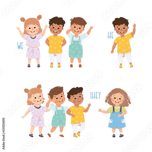 English Subject Pronoun with Funny Boy and Girl Demonstrating Word Vector Set
