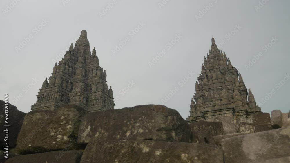 Overview of the Hindu Prambanan temple with its carved towers, in Indonesia