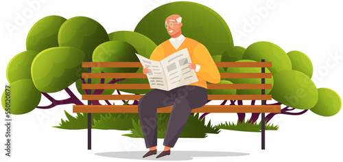 Old man sits on bench in park and reads newspaper. Retiree on background of nature landscape, fresh air recreation. Leisure activity Lifestyle of senior people. Rest and relax of aged person with news