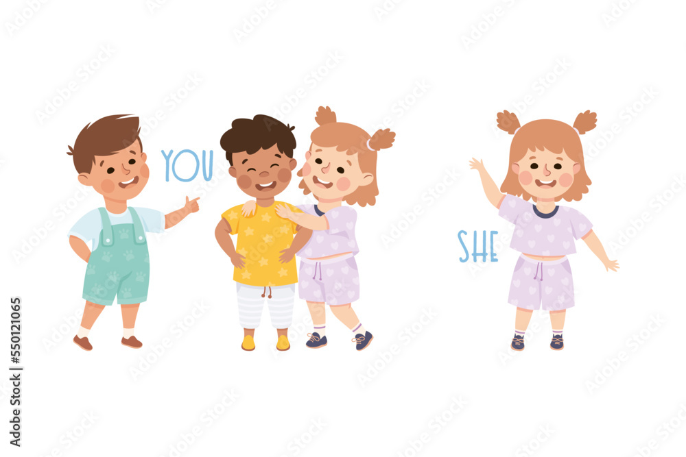 English Subject Pronoun with Funny Boy and Girl Demonstrating Word Vector Set English Subject Pronoun with Funny Boy and Girl Demonstrating Word Vector Set