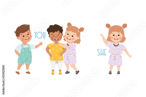 English Subject Pronoun with Funny Boy and Girl Demonstrating Word Vector Set