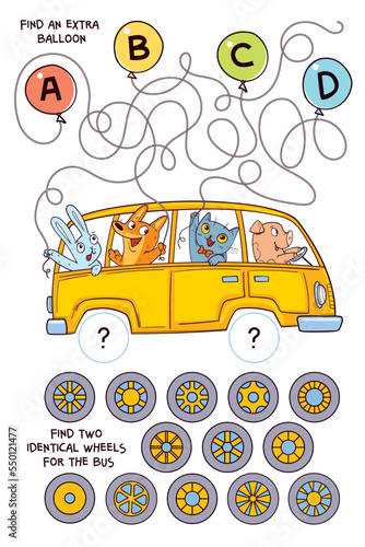 Find two identical wheels for the bus. Where is whose balloon? Find an extra balloon. Educational game for children. Colorful cartoon characters. Funny vector illustration