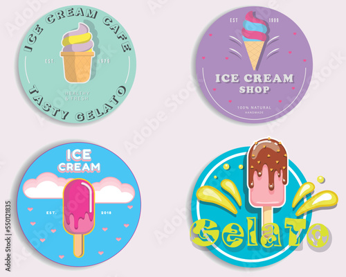 Set of 4 - ice cream, very beautiful logo that will be suitable for your stickers, sweatshirts, patches, logos
