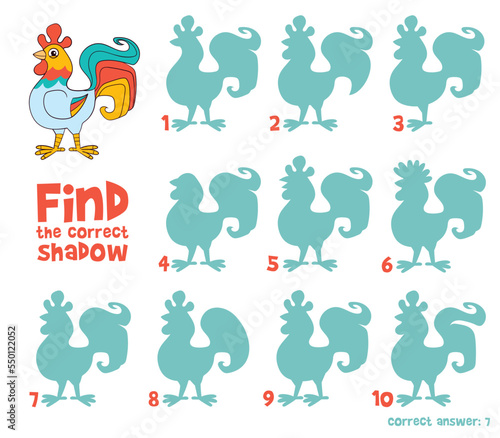 Fototapeta Naklejka Na Ścianę i Meble -  Rooster. Find the correct shadow. Educational game for children. Cartoon vector illustration. Isolated on white background