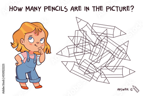 How many pencils are in the picture? Educational game for children. Colorful cartoon characters. Funny vector illustration. Isolated on white background