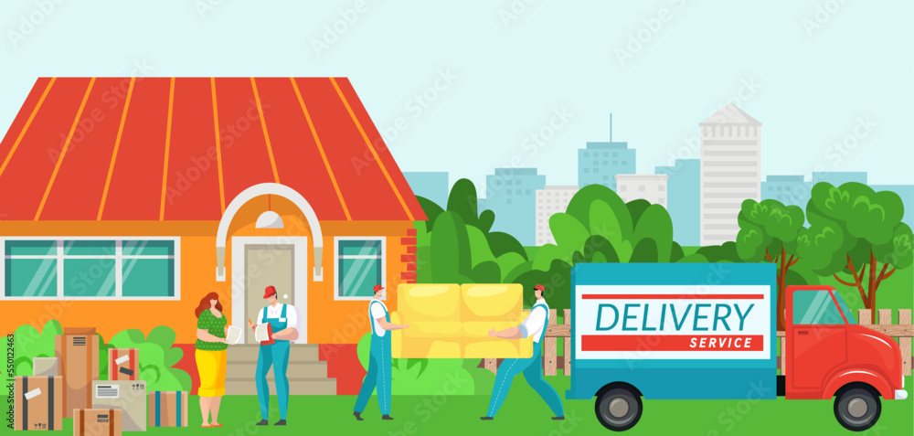 Express delivery relocation service, young family moving new house, male loader carry sofa flat vector illustration, isolated on white.