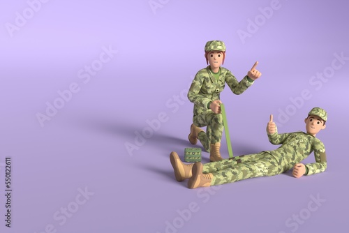 Military medic conducts training in tactical medicine. A woman and a man in military uniform. Web banner with place for text. 3D rendering