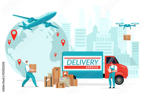 World express delivery by postman service, male loader carry cardboard box goods, relocation business flat vector illustration, isolated on white.