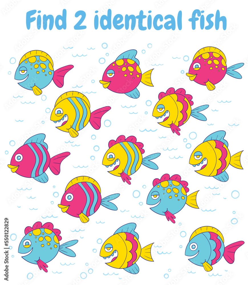 Find two identical fish. Find two same pictures. Educational game for children. Colorful cartoon characters. Funny vector illustration. Isolated on white background Find two identical fish. Find two same pictures. Educational game for children. Colorful cartoon characters. Funny vector illustration. Isolated on white background