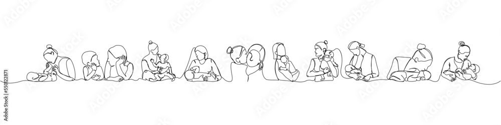 Set of mothers with children in his arms one line art. Continuous line drawing of newborn, motherhood, family, love, child, care, childhood, worries, mother day, celebrate. Set of mothers with children in his arms one line art. Continuous line drawing of newborn, motherhood, family, love, child, care, childhood, worries, mother day, celebrate.